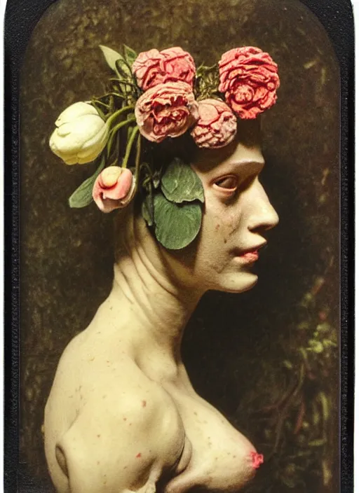 Prompt: beautiful and detailed rotten woman made of plants and many types of stylized flowers like carnation, chrysanthemum, roses and tulips, intricate, john constable, guy denning, gustave courbet, caravaggio, romero ressendi 1 9 1 0 polaroid photo