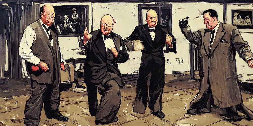 Image similar to Winston Churchill teaching Eisenhower karate. Epic painting by James Gurney and Laurie Greasley.