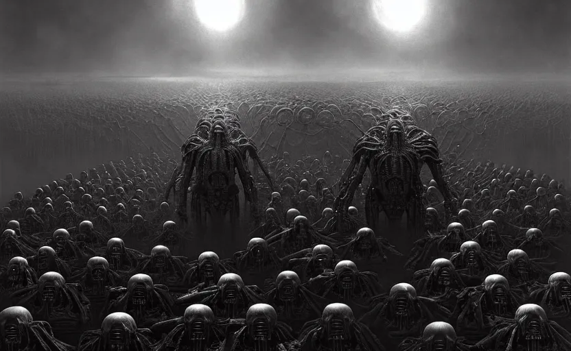 Image similar to cyborg army invading hell by hr giger and zdzisław beksinski, fine details, digital art, volumetric lighting, cinematic light, photorealistic