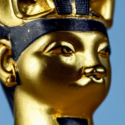 Prompt: an ancient egyptian gold statuette with the face of a shiba inu, close up photo, ultra realistic, studio photo, bokeh. intricate details.