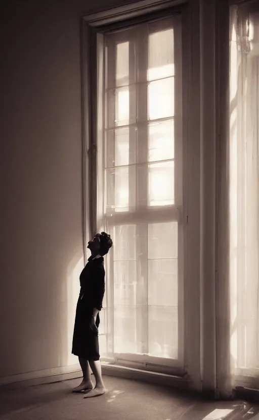 Image similar to a beautiful photograph of a woman standing in a dark room next to a window on a sunny day, dramatic composition