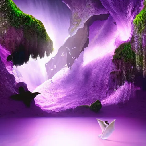 Image similar to a cinematic render of a silhouette with wings surrounded by amethysts, sitting in a mystical waterfall cave, lilac sunrays, highly detailed matte painting, 8 k