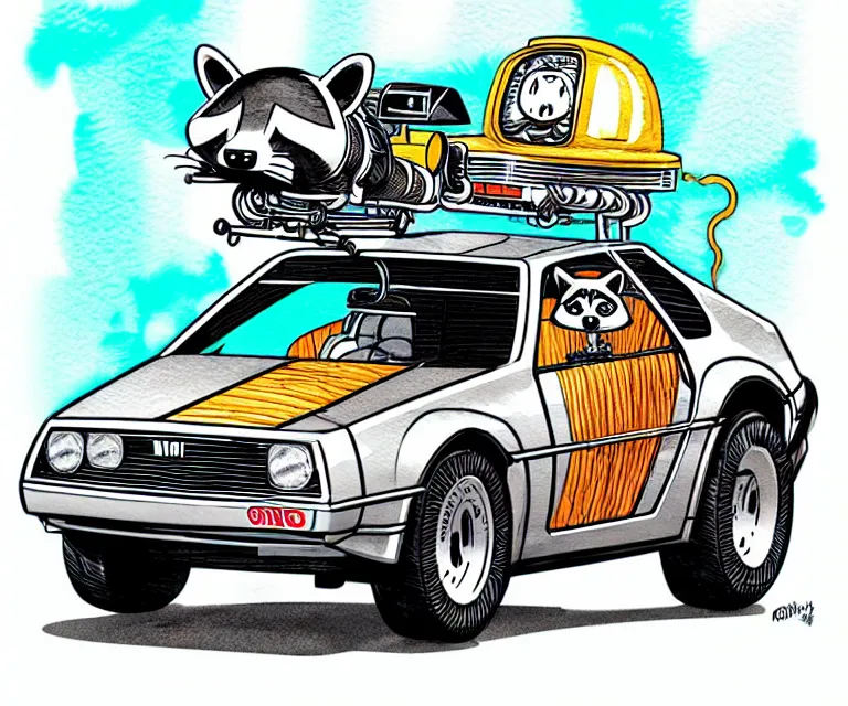 Prompt: cute and funny, racoon wearing a helmet riding in a tiny silver color hot rod dmc delorean with oversized engine, ratfink style by ed roth, centered award winning watercolor pen illustration, isometric illustration by chihiro iwasaki, edited by range murata, details by artgerm