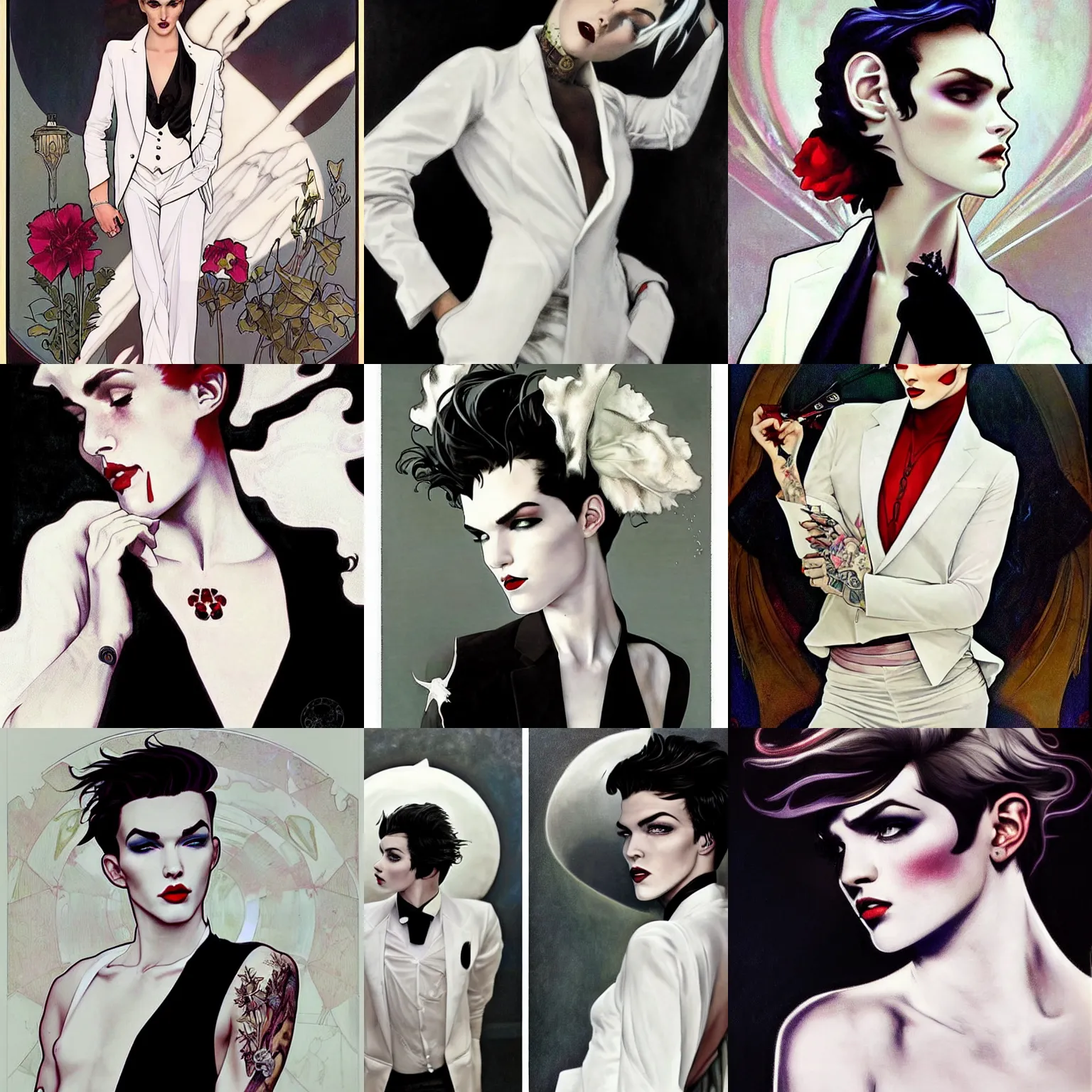 Prompt: beautiful portrait of androgynous ruby rose as desire from sandman in a white tuxedo!!!, rockabilly style, by alphonse mucha, cedric peyravernay, helmut newton, by jeremy mann, by frank moth, white suit and black tie, soft lightning, high detailed, 8 k