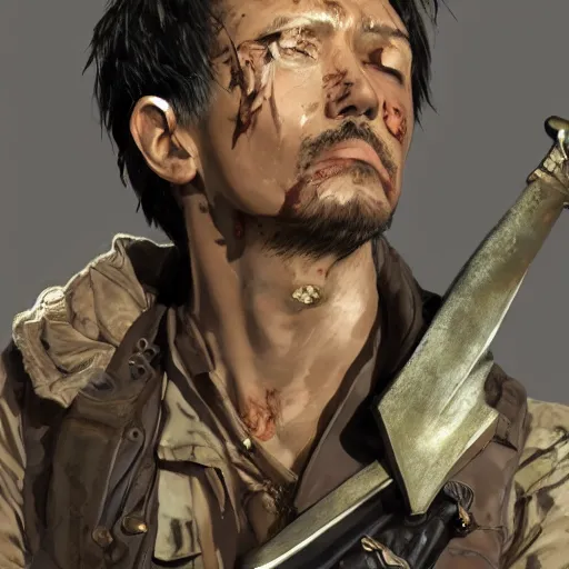 Image similar to portrait of a hero holding his sword in front of his face by yoji shinkawa, high quality, extra details, realism, ornate, colored, golden chain, blood, white skin, short hair, brown eyes, vivid, sunlight, dynamic, american man, freedom, white american soldier, painting