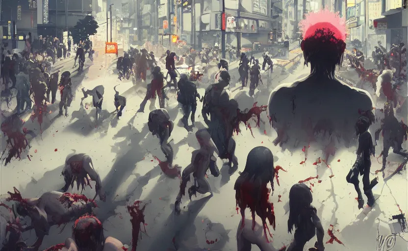 Prompt: zombie riots in the streets of tokyo, digital painting, masterpiece, by ilya kuvshinov, by frank frazetta, by mbius, by reiq, by hayao miyazaki