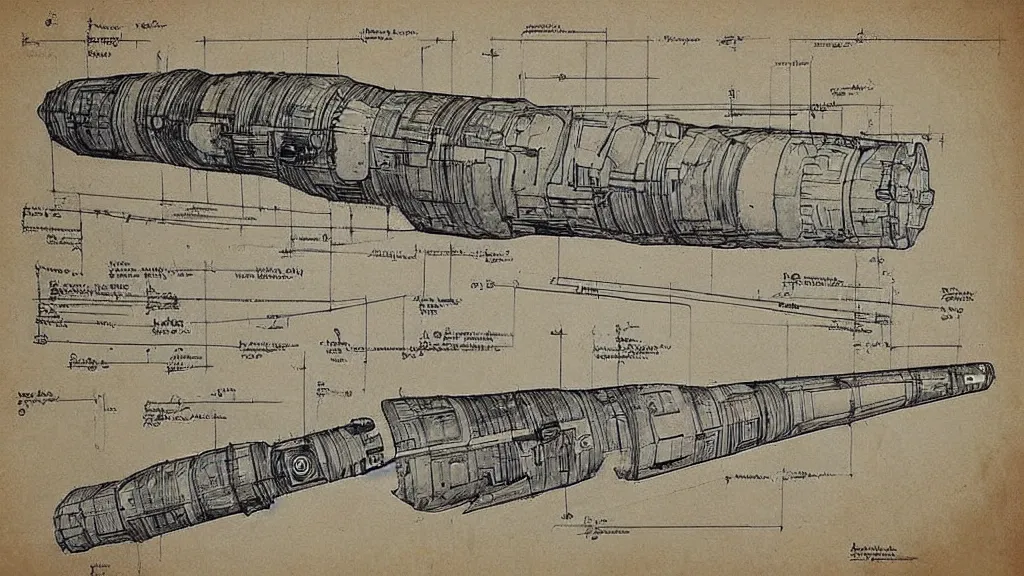 Prompt: ancient blueprint of a lightsaber