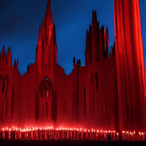 Prompt: A dark cathedral made up of red sandstone lit up by a torches. In the middle of the cathedral is a bonfire surrounded by cultists in red hoods. Their backs facing towards the camera.