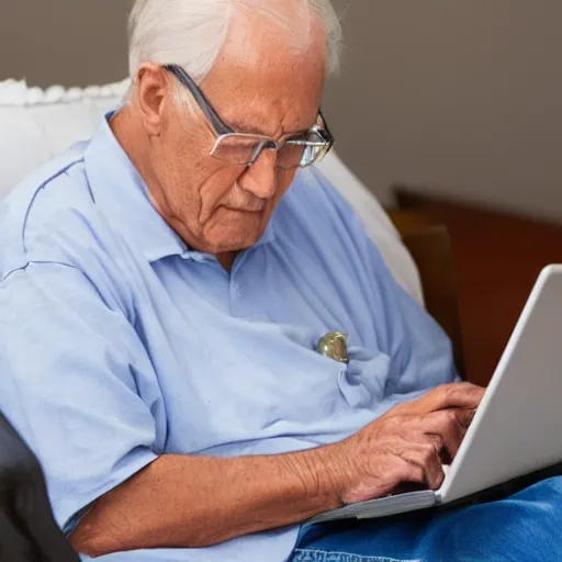 Prompt: elderly man inside a casket browsing internet on laptop from a casket casket