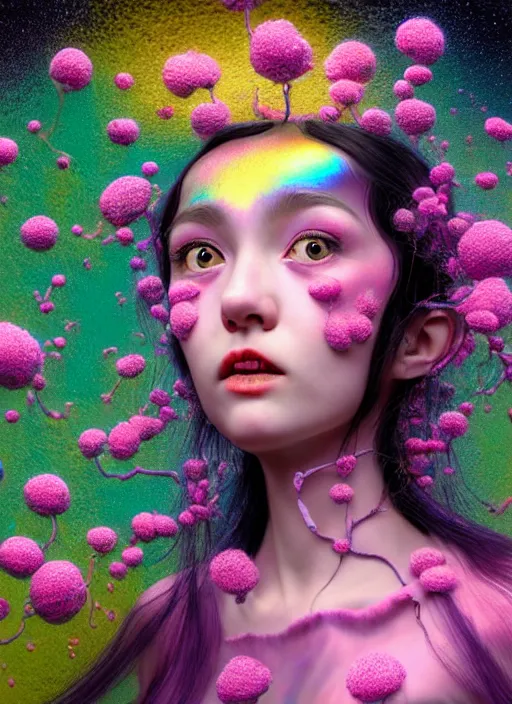 Image similar to hyper detailed 3d render like a Oil painting - kawaii portrait Aurora (black haired Singer) seen Eating of the Strangling network of yellowcake aerochrome and milky Fruit and Her delicate Hands hold of gossamer polyp blossoms bring iridescent fungal flowers whose spores black the foolish stars by Jacek Yerka, Mariusz Lewandowski, Houdini algorithmic generative render, Abstract brush strokes, Masterpiece, Edward Hopper and James Gilleard, Zdzislaw Beksinski, Mark Ryden, Wolfgang Lettl, hints of Yayoi Kasuma, octane render, 8k