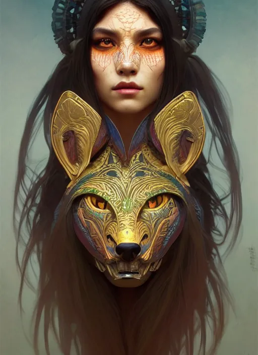 Image similar to portrait of shaman beautiful girl, intrigante, wolf mask, headshot, highly detailed, digital painting, artstation, concept art, sharp focus, cinematic lighting, illustration, art by artgerm and greg rutkowski, alphonse mucha, cgsociety