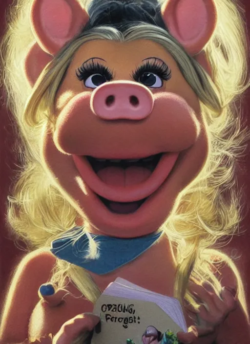 Image similar to portrait of a Screaming Miss Piggy in Society (1989), highly detailed, centered, solid color background, digital painting, artstation, concept art, smooth, sharp focus, illustration, artgerm, donato giancola, Joseph Christian Leyendecker, Les Edwards, Ed Repka, WLOP, Artgerm