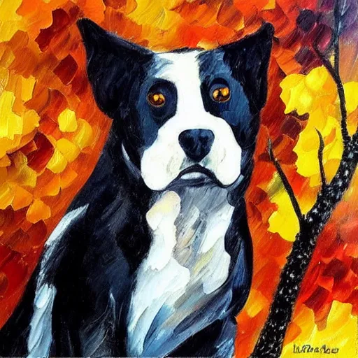 Image similar to “black and white dog in the woods, style of leonid afremov”