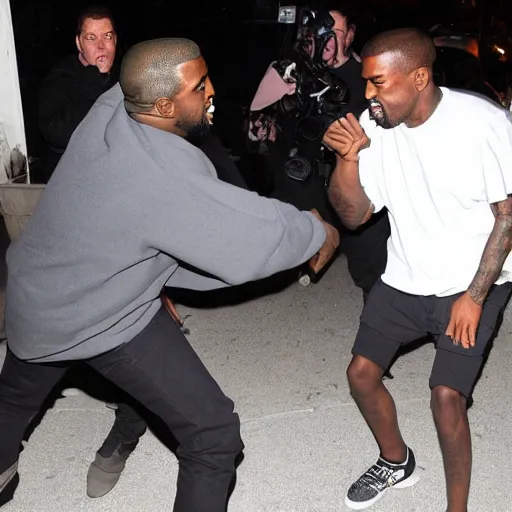 Prompt: paparazzi picture of Kanye West and Jonah Hill fighting, highly detailed