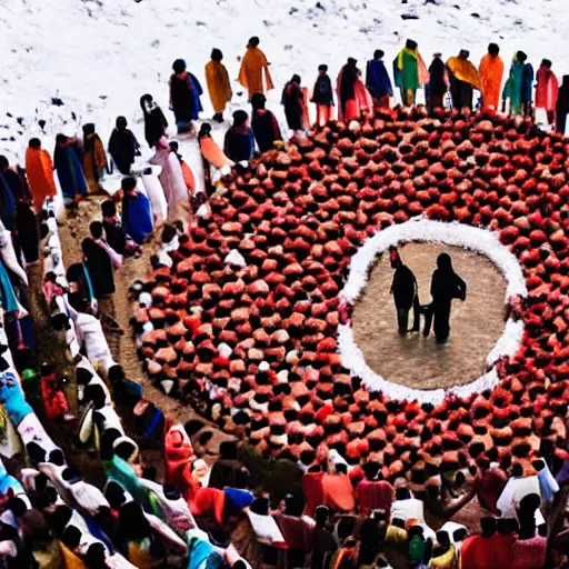 Image similar to Aerial photograph of sikkim people holding hands in a circle on top of a mountain, realistic