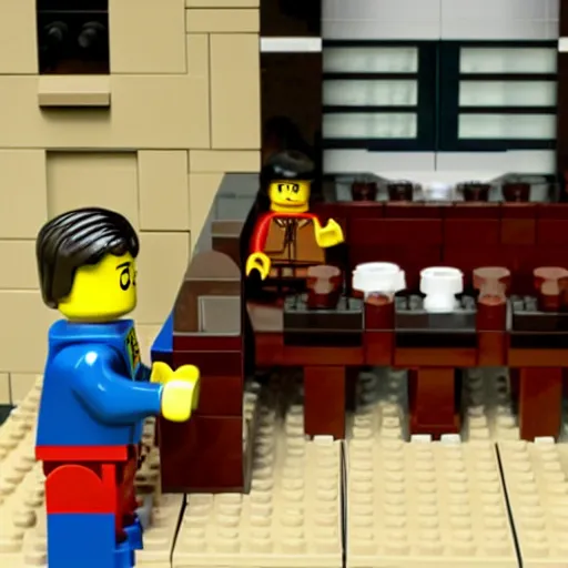 Prompt: Lego recreation of courtroom scene in a few good men