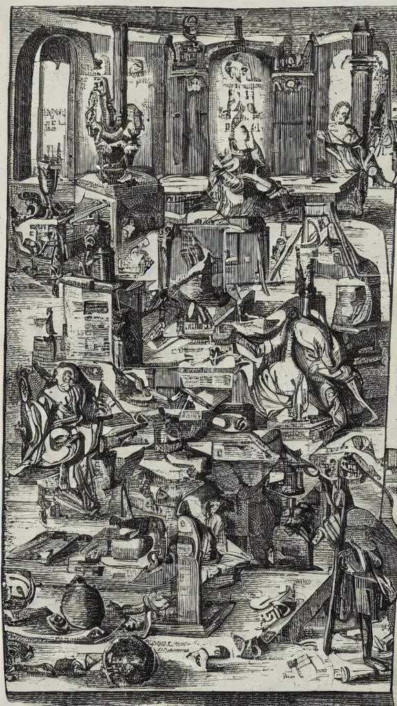 Image similar to esoteric etching print of an alchemists laboratory, amphitheatrum sapientiae aeternae, 1 5 9 5