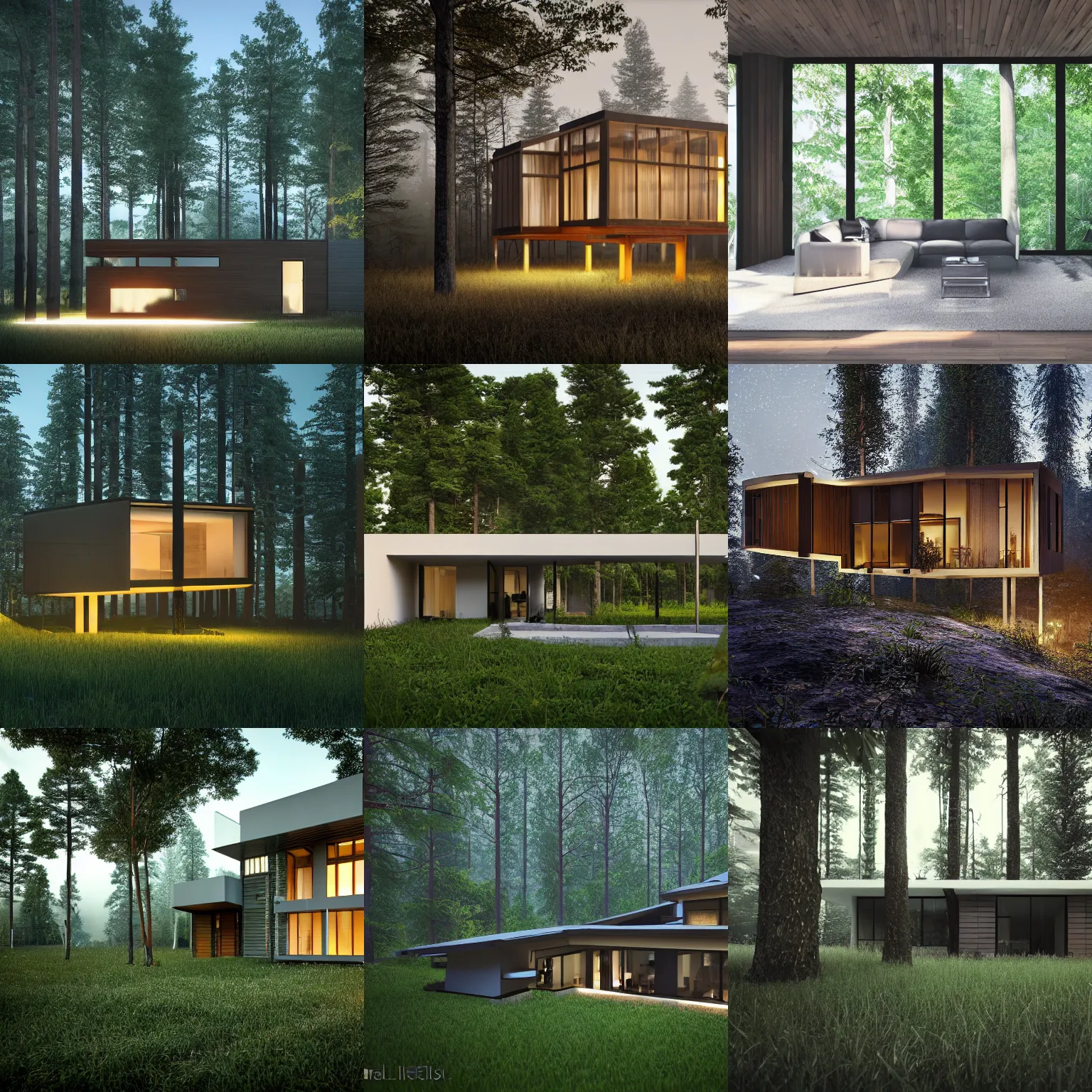 Image similar to a house in the middle of the forest, lights inside, contemporary architecture, architecture render, unreal engine, detailed