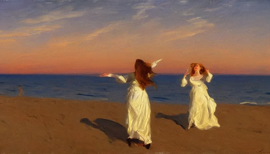 Image similar to wide scene of an angelic, glowing woman singing on the beach, overlooking the sea during sunset, by john singer sargent