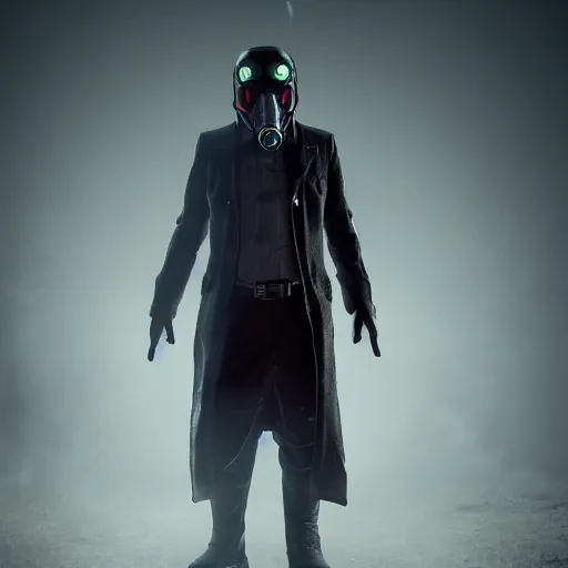 Prompt: hooden villain wearing a kamen rider gas mask, smoke coming out of his body and coat, dark background, unreal engine 5, ultra realistic, detailed, fog, volumetric lighting, by greg rutkowski,