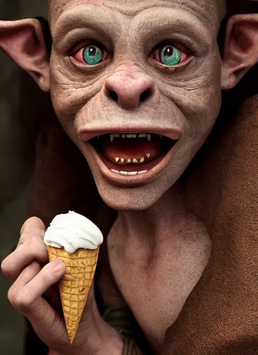 Prompt: closeup portrait of a medieval goblin eating icecream, depth of field, zeiss lens, detailed, symmetrical, centered, fashion photoshoot, by Annie Leibovitz and Steve McCurry, David Lazar, Jimmy Nelsson, Breathtaking, 8k resolution, extremely detailed, beautiful, establishing shot, artistic, hyperrealistic, beautiful face, octane render