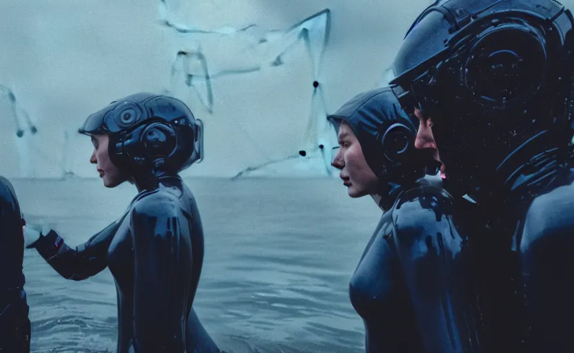 Image similar to cinestill 5 0 d candid photographic portrait by steven spielberg of two loving female androids sobbing wearing rugged black mesh techwear in treacherous waters, flooded city, medium closeup, retrofuturism cyberpunk moody emotional cinematic, pouring iridescent rain bright spotlight helicopter, 8 k, hd, high resolution, 3 5 mm, f / 3 2, ultra realistic faces, ex machina