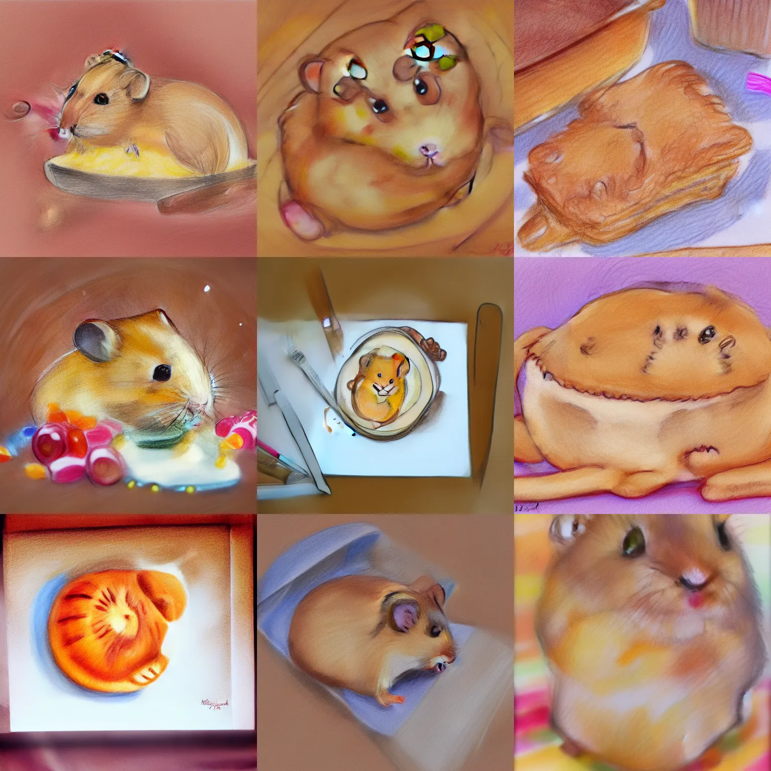Prompt: light brown hamster baking cookies, colorful drawing, pencil