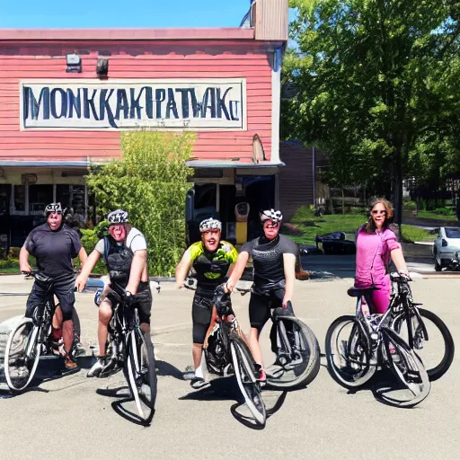 Prompt: bicycle crew in front of montauk brewery