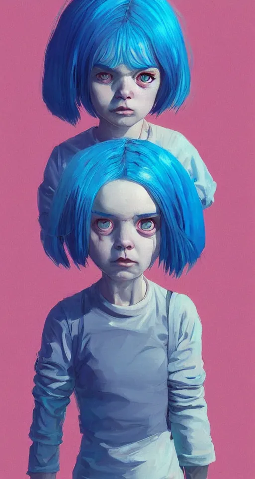 Prompt: little angry girl with blue hair, art by Simon Stalenhag, trending on Artstation, CGSociety