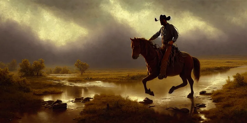 Image similar to a lonesome cowboy on his horse is crossing american plains with a small riverbed, mountaineous background, cloudy day, highly detailed, digital art, by greg rutkowski, by albert bierstadt