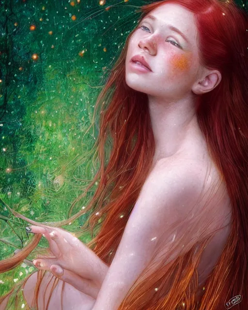 Image similar to a young woman, amazed by the lights of golden fireflies, sitting in the midst of nature fully covered, long loose red hair, intricate linework, dreamy green eyes, small nose with freckles, oval shape face, soft happy smile, realistic, expressive emotions, dramatic lights scene, hyper realistic ultrafine digital art by james jean and albert bierstadt and artgerm