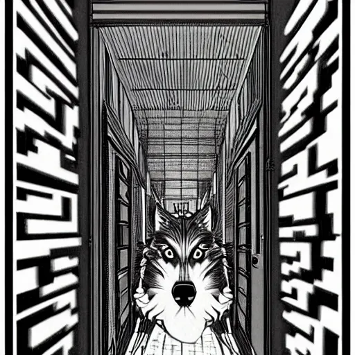 Image similar to a giant wolf in a huge bright maze of many doorways and lots of stairs, many doorways, inside MC Escher architecture, artstation, Junji Ito, epic composition