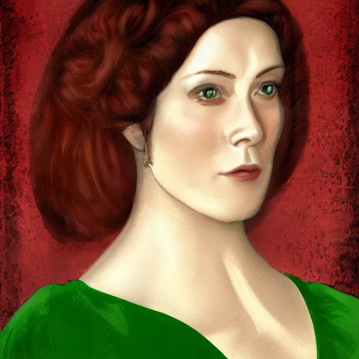 Prompt: portrait of a 40 years old women, dark red hair, green eyes, in historic clothing, digital painting, white background