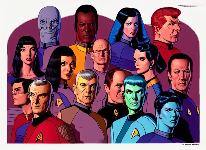 Image similar to cyberpunk star trek tos crew. portrait by stonehouse and mœbius and will eisner and gil elvgren and pixar. character design. realistic proportions. star trek 1 9 7 7 character art, blade runner 2 0 4 9 concept art. cell shading. attractive face. thick lines. the team. diverse characters. artstation.