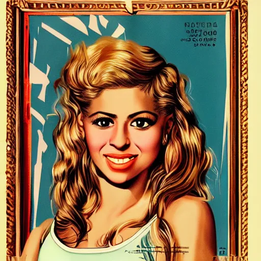 Image similar to “Shakira portrait, color vintage magazine illustration 1950”