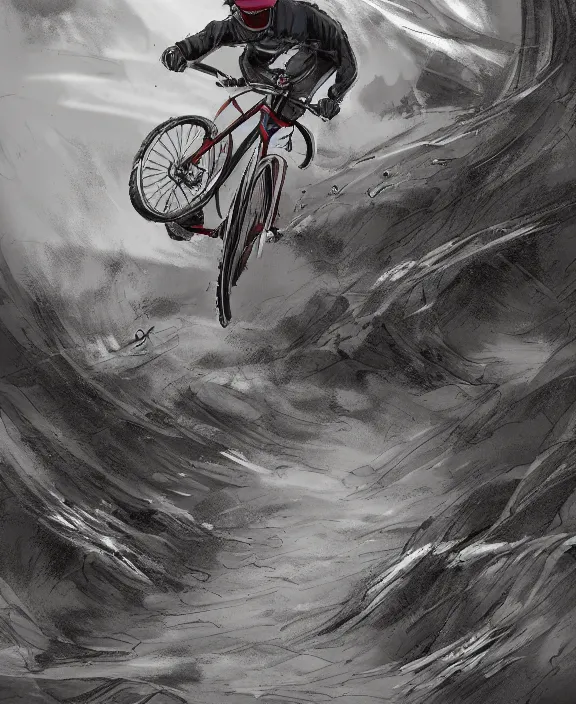 Image similar to an anime drawing of a mountain biker shredding a berm, 4k resolution, detailed, trending on artstation