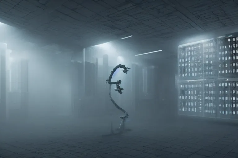 Prompt: extremely detailed cinematic movie still 3 0 7 7 foggy portrait shot of a robot in an endless data centre by denis villeneuve, wayne barlowe, simon birch, philippe druillet, beeple, volumetric sunlight from small windows