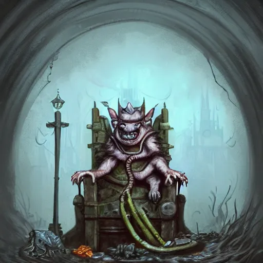 Prompt: murky sewer scene with a grinning rat king sitting on a throne, surrounded by other rats. trending on artstation, fantasy illustration, realistic, extremely detailed