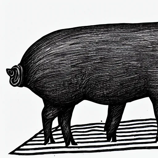 Image similar to anaglyph 3d line landscape drawing of a pig wearing a crown in black and white, 35mm