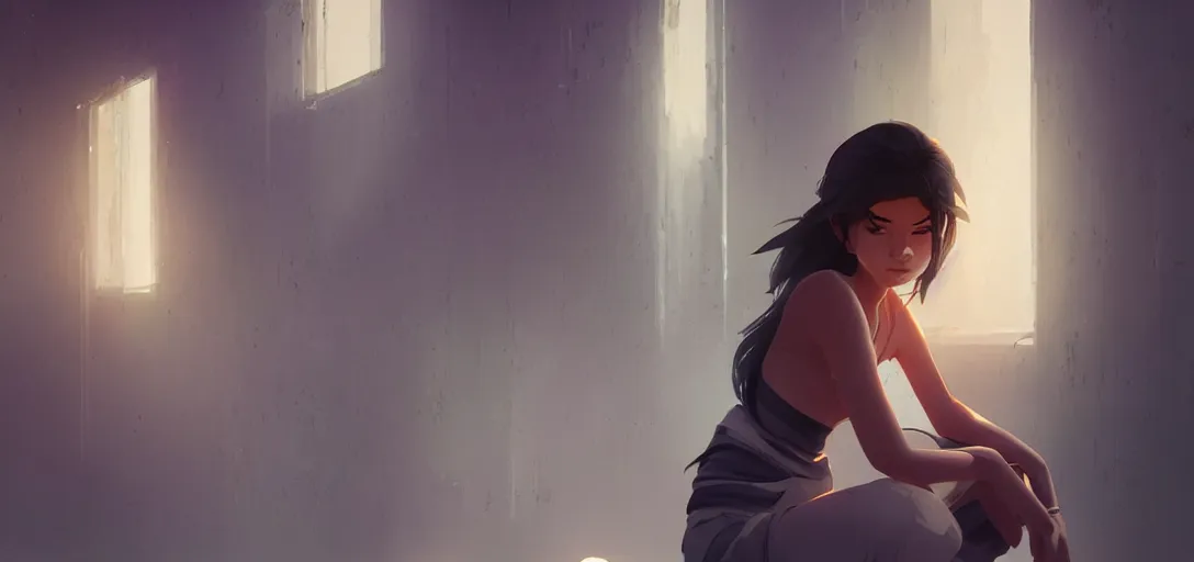 Prompt: Young Himalayan woman leaning against a wall | night time scene, plain walls |somber, white eyes, long messy hair | gentle lighting, futuristic, dim lighting, digital art by Makoto Shinkai ilya kuvshinov and Wojtek Fus, digital art, concept art,