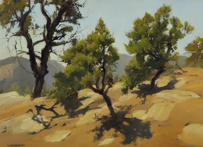 Image similar to some trees and rocks by ilya ostroukhov and gregory manchess, deviantart, figurative art, oil on canvas, impressionism, painterly