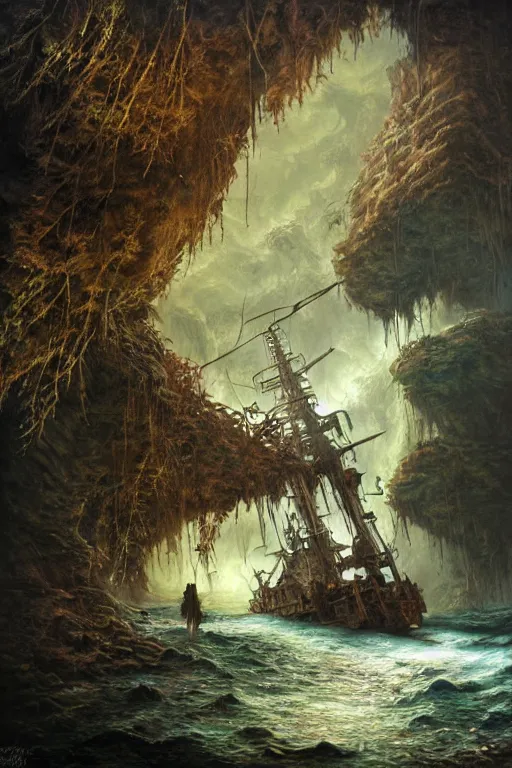 Image similar to a pirateship wreck in a crystal gorge, river running thru the middle, by tomasz alen kopera and Justin Gerard.