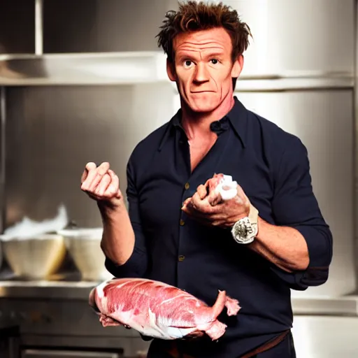 Image similar to photo of gordan ramsay holding a raw porkchop in his hand on set, highly detailed, extremely high quality, hd, 4 k, 8 k, professional photographer, 4 0 mp, lifelike, top - rated, award winning, cinematic, realistic, detailed lighting, detailed shadows, sharp, no blur, edited, corrected, trending