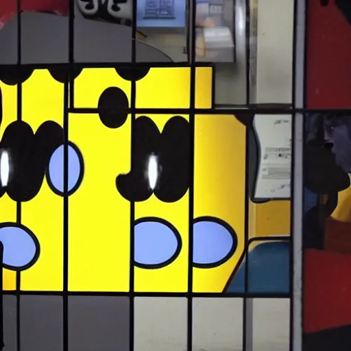 Prompt: pac - man being interrogated by the police, view from one - sided glass