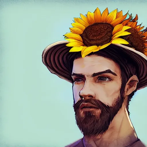 Image similar to a man wears a sunflower hat, bloom, artstation