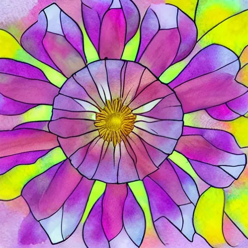 Prompt: morning glory, a flower with pink petals and yellow stem, radial symmetry, water color with limited color palete