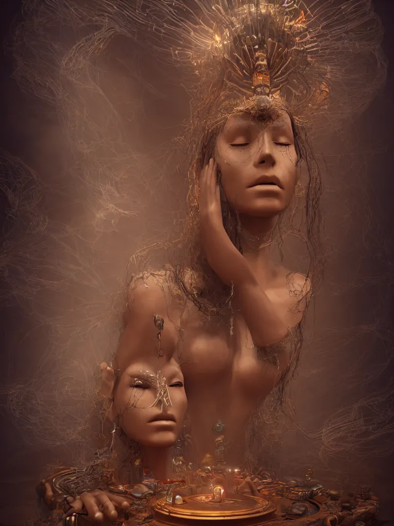 Image similar to an ancient mystical alluring female shaman generating flowing energy and surrounded by wisps of incense smoke sits meditating in a magical cybernetic robot temple, face, by vitaly bulgarov and roberto ferri, 3 d, cinema 4 d render, trending on artstation