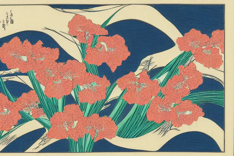 Prompt: a beautiful and hyperdetailed ukiyo - e drawing of tangled irises by katsushika hokusai, in style by utagawa kuniyoshi and utagawa hiroshige, japanese print art, intricate, elegant, fine, complex, chinese drawings 4 k