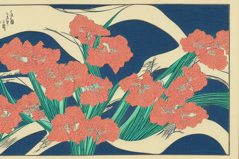 Image similar to a beautiful and hyperdetailed ukiyo - e drawing of tangled irises by katsushika hokusai, in style by utagawa kuniyoshi and utagawa hiroshige, japanese print art, intricate, elegant, fine, complex, chinese drawings 4 k