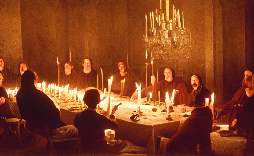 Prompt: Medieval kings sitting around a big dinner table with candles in the shining by stanley kubrick, shot by 35mm film color photography